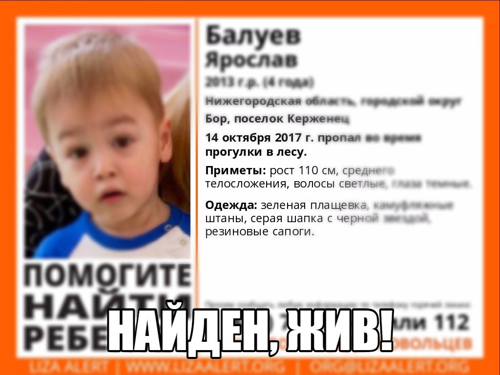4-летний Ярослав Балуев, пропавший на Бору, найден живым