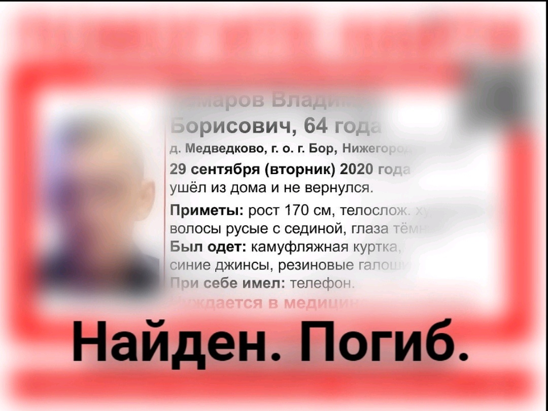 На Бору найдено тело Комарова Владимира Борисовича, пропавшего в сентябре  2020 года — новости города Бор