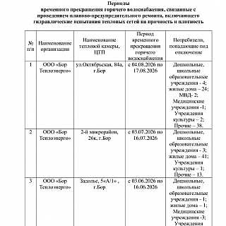 График отключения горячей воды на Бору 5